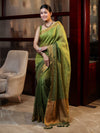 Banarasee Handloom Pure Linen Saree With Gold Zari Border-Green (Dual Tone)
