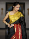 Banarasee Handloom Semi Silk Saree With Checks Pattern & Contrast Border-Black & Yellow