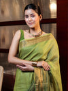 Banarasee Handloom Pure Linen Saree With Gold Zari Border-Green (Dual Tone)