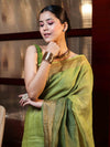 Banarasee Handloom Pure Linen Saree With Gold Zari Border-Green (Dual Tone)