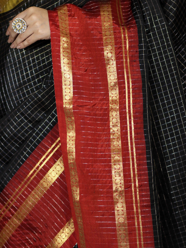 Banarasee Handloom Semi Silk Saree With Checks Pattern & Contrast Border-Black & Yellow