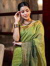 Banarasee Handloom Pure Linen Saree With Gold Zari Border-Green (Dual Tone)