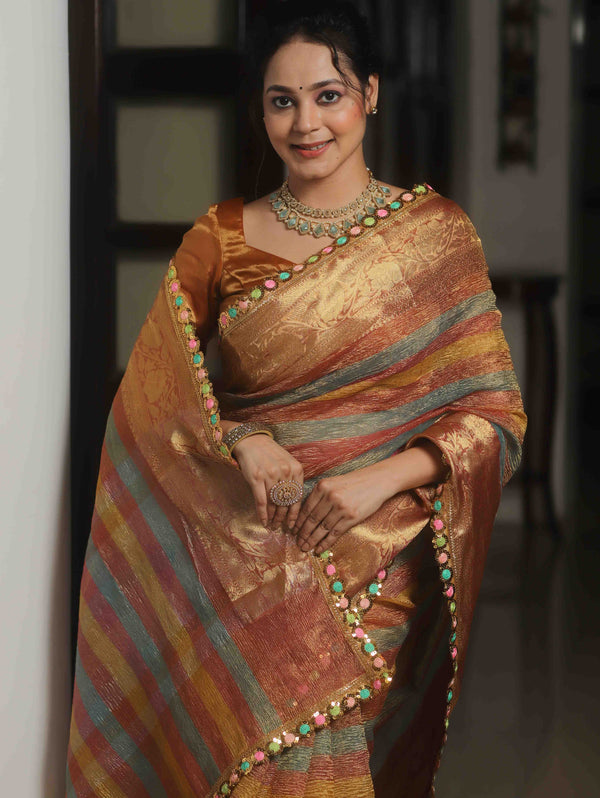 Banarasee Handwoven Crushed Tissue Saree With Lace-Multicolor