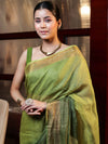 Banarasee Handloom Pure Linen Saree With Gold Zari Border-Green (Dual Tone)