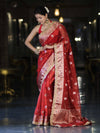 Banarasee Handwoven Tissue Zari Woven Mirror Work Saree-Deep Red