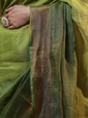 Banarasee Handloom Pure Linen Saree With Gold Zari Border-Green (Dual Tone)