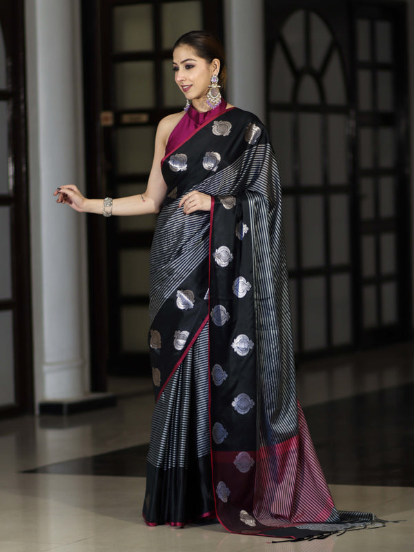 Banarasee Handloom Semi Silk Saree With Stripe Pattern & Buta Design Border-Black