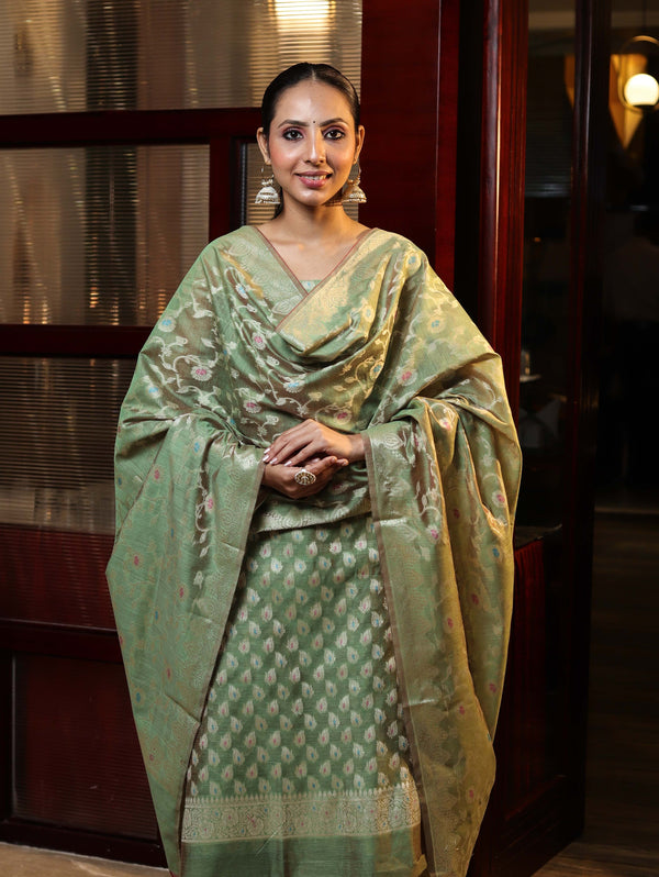 Banarasee Cotton Silk Zari Work Salwar Kameez Fabric With Dupatta Set-Green