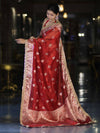 Banarasee Handwoven Tissue Zari Woven Mirror Work Saree-Deep Red