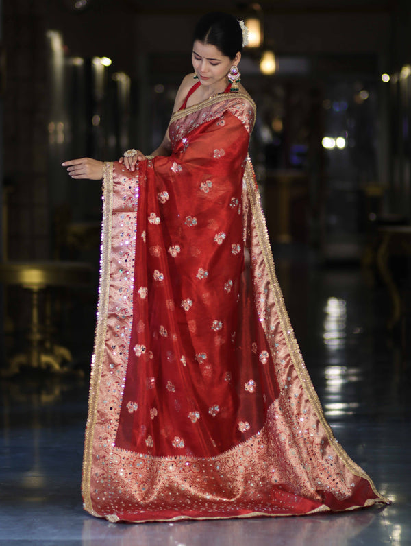 Banarasee Handwoven Tissue Zari Woven Mirror Work Saree-Deep Red