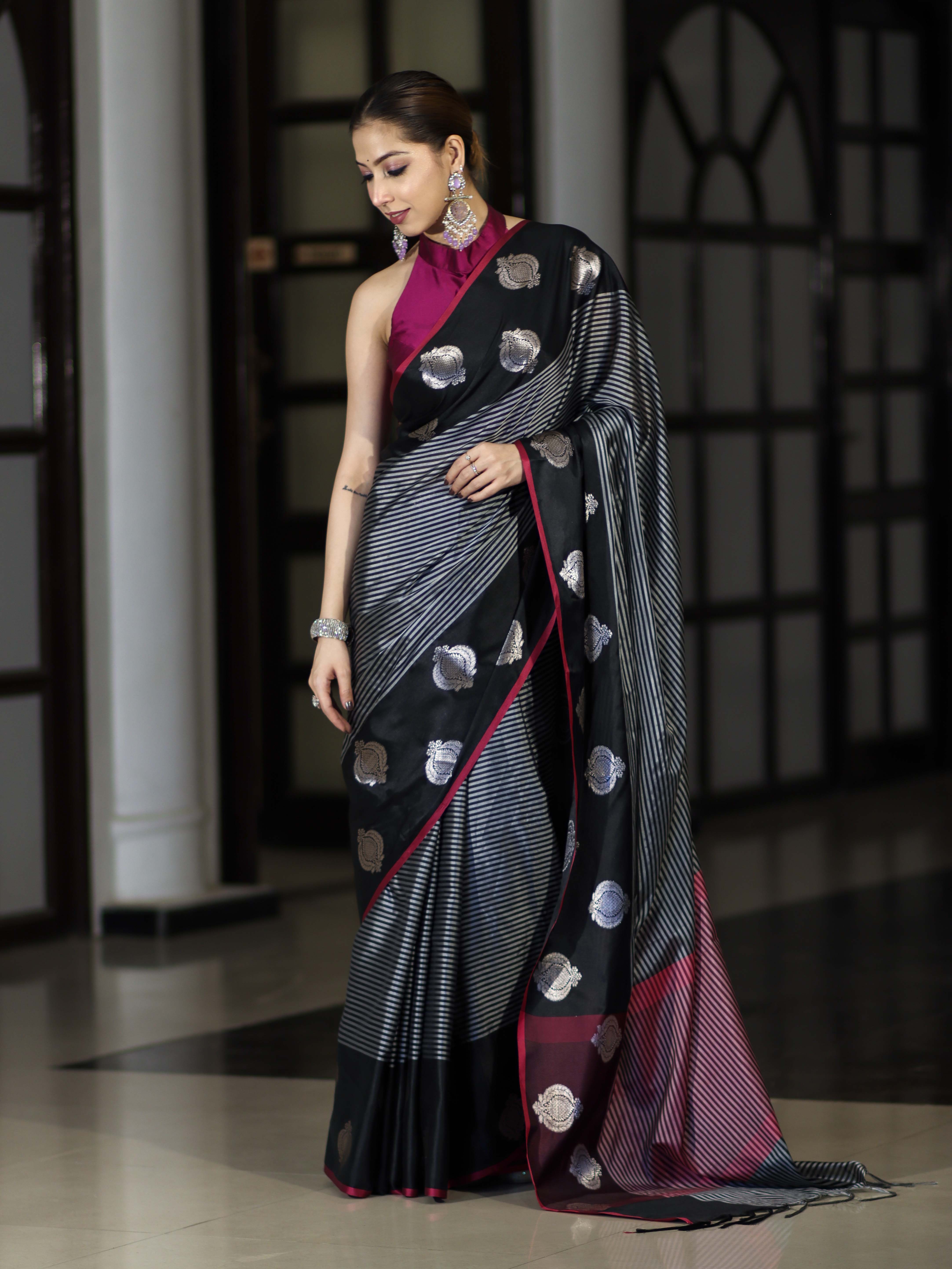 Banarasee Handloom Semi Silk Saree With Stripe Pattern & Buta Design Border-Black
