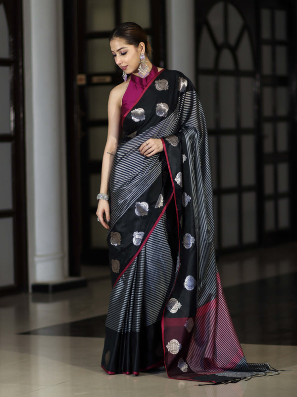 Banarasee Handloom Semi Silk Saree With Stripe Pattern & Buta Design Border-Black