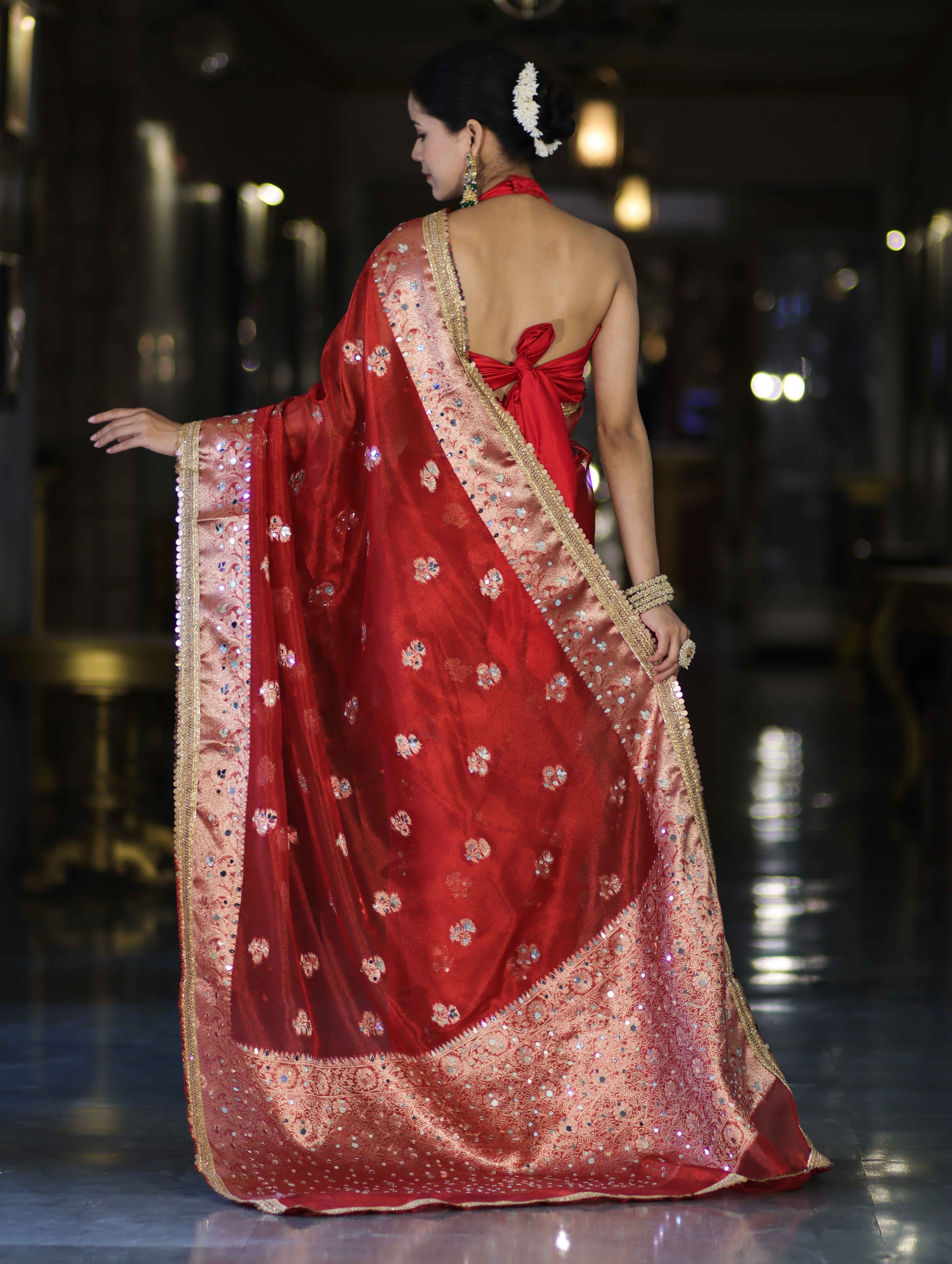 Banarasee Handwoven Tissue Zari Woven Mirror Work Saree-Deep Red