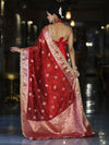 Banarasee Handwoven Tissue Zari Woven Mirror Work Saree-Deep Red