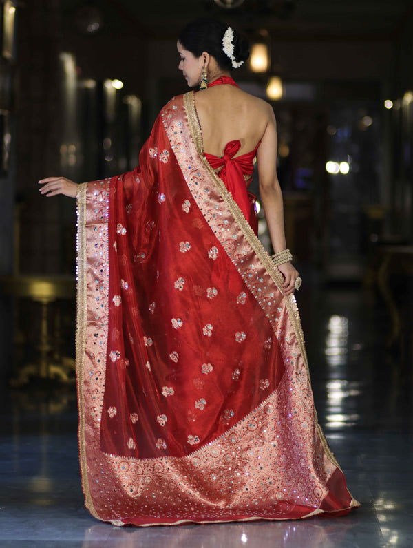 Banarasee Handwoven Tissue Zari Woven Mirror Work Saree-Deep Red