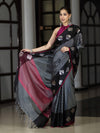 Banarasee Handloom Semi Silk Saree With Stripe Pattern & Buta Design Border-Black