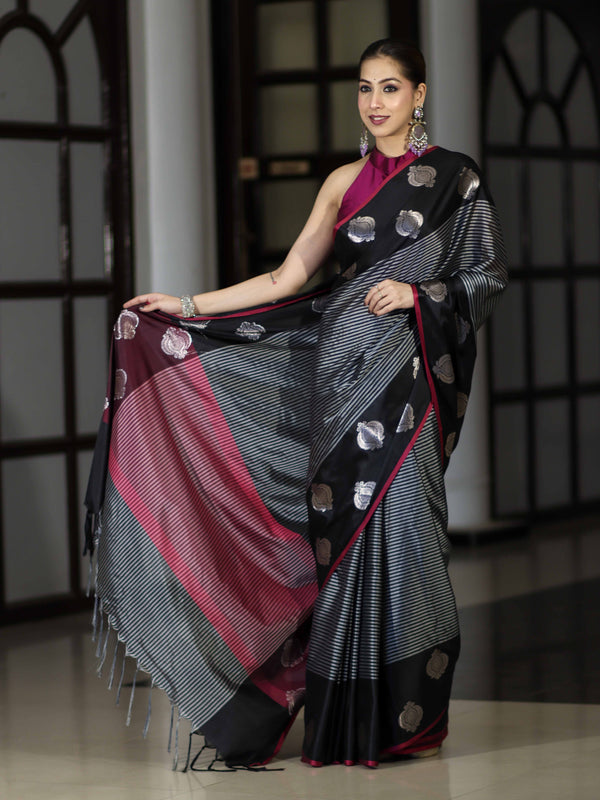 Banarasee Handloom Semi Silk Saree With Stripe Pattern & Buta Design Border-Black