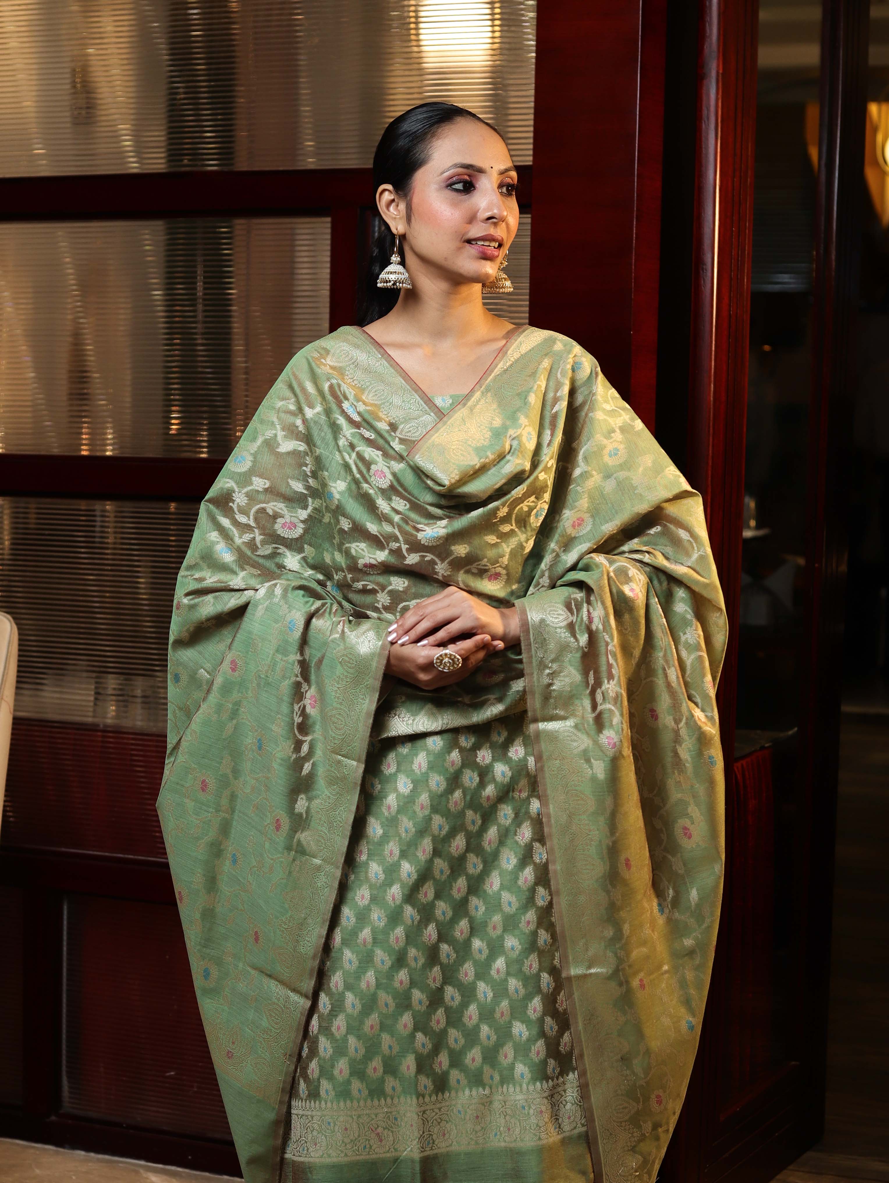Banarasee Cotton Silk Zari Work Salwar Kameez Fabric With Dupatta Set-Green
