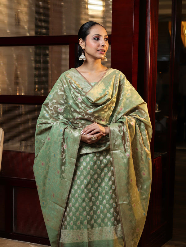 Banarasee Cotton Silk Zari Work Salwar Kameez Fabric With Dupatta Set-Green