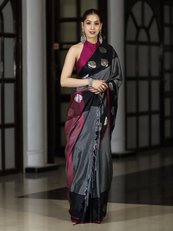 Banarasee Handloom Semi Silk Saree With Stripe Pattern & Buta Design Border-Black
