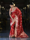 Banarasee Handwoven Tissue Zari Woven Mirror Work Saree-Deep Red