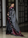 Banarasee Handloom Semi Silk Saree With Stripe Pattern & Buta Design Border-Black