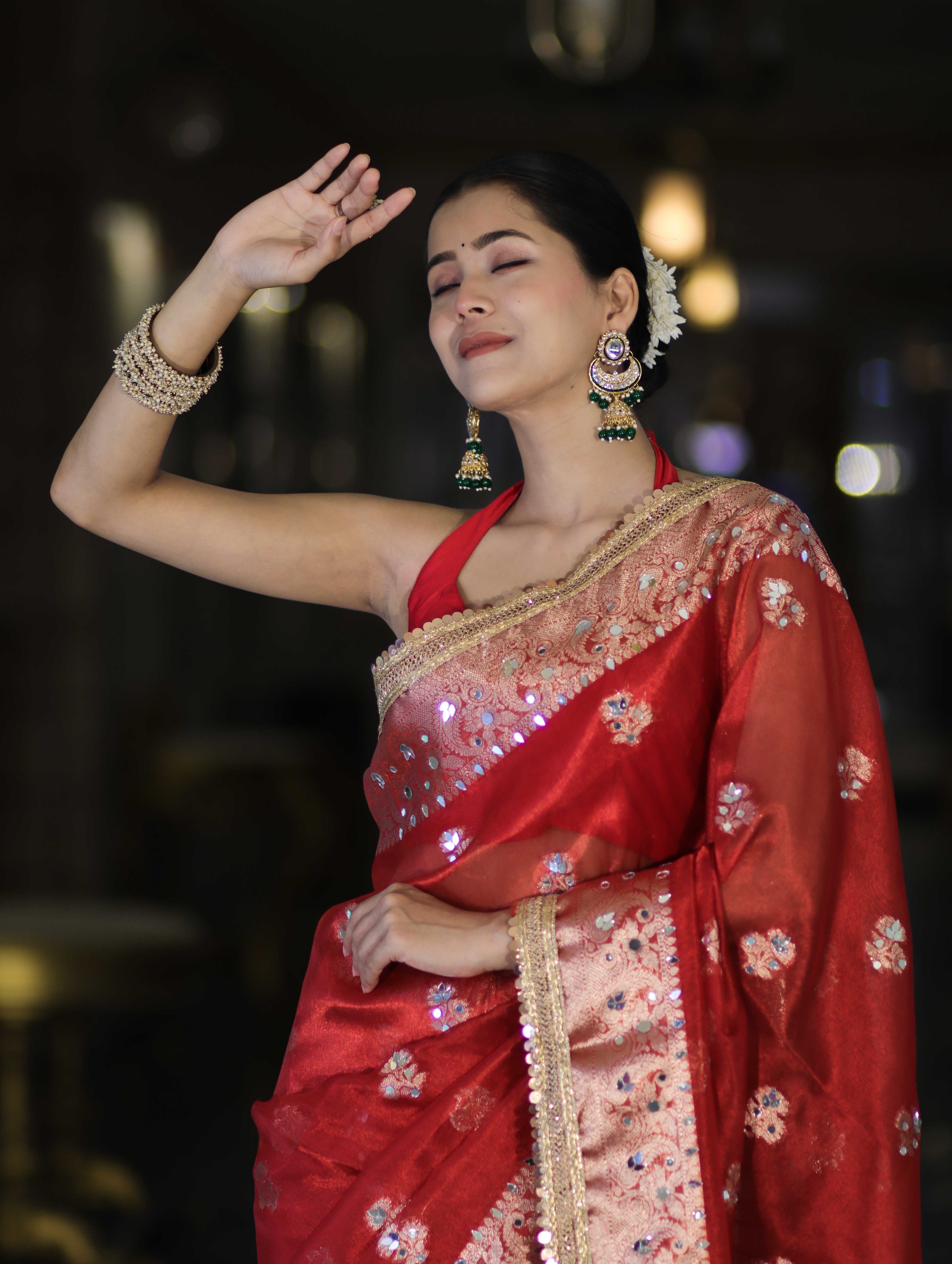 Banarasee Handwoven Tissue Zari Woven Mirror Work Saree-Deep Red