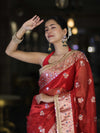 Banarasee Handwoven Tissue Zari Woven Mirror Work Saree-Deep Red