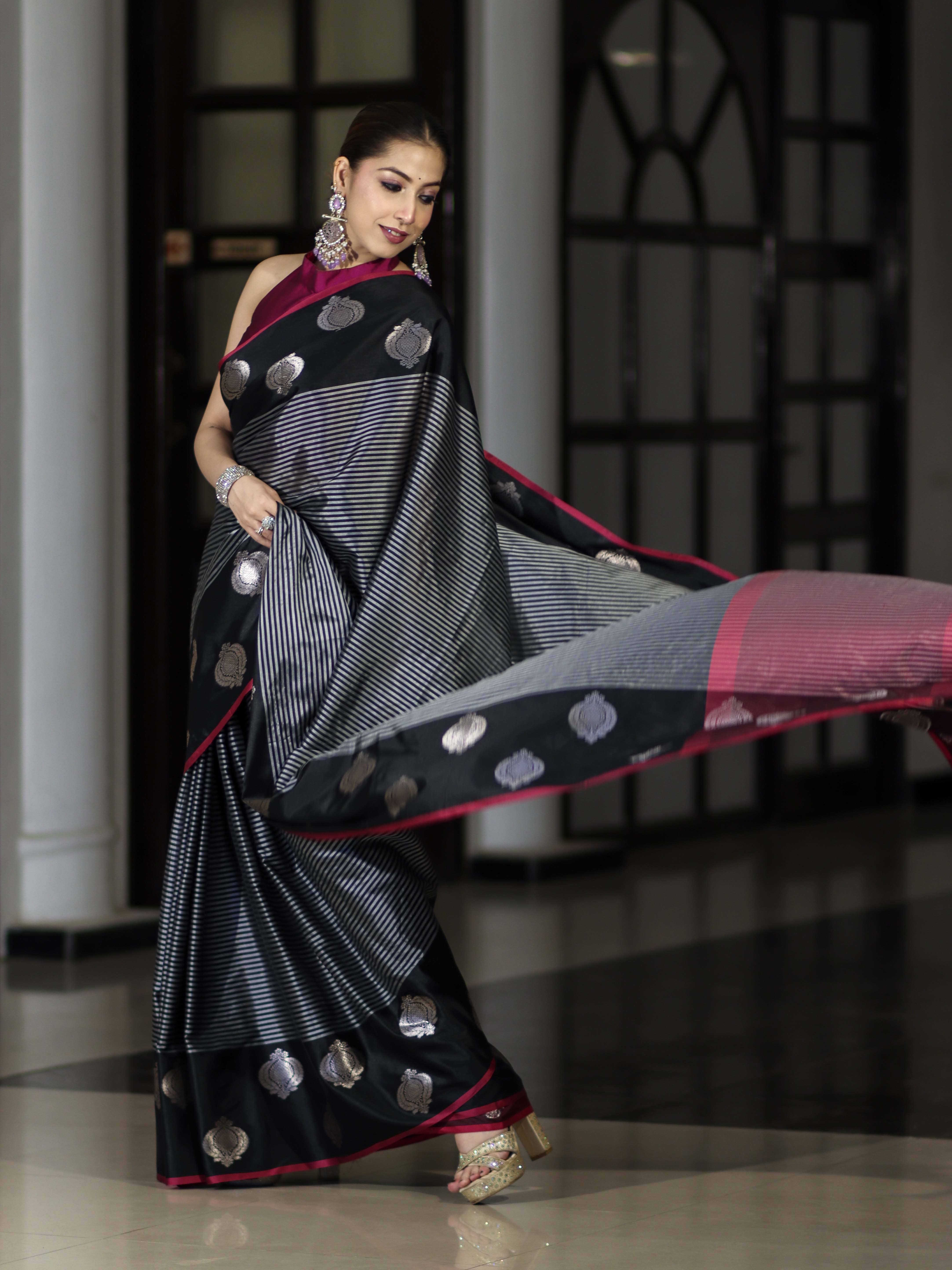 Banarasee Handloom Semi Silk Saree With Stripe Pattern & Buta Design Border-Black
