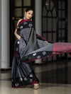 Banarasee Handloom Semi Silk Saree With Stripe Pattern & Buta Design Border-Black