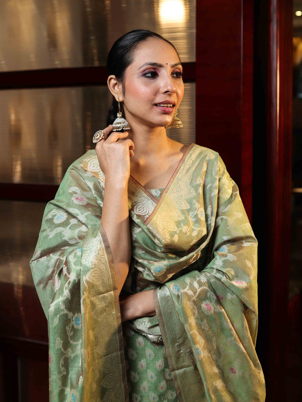 Banarasee Cotton Silk Zari Work Salwar Kameez Fabric With Dupatta Set-Green