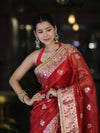 Banarasee Handwoven Tissue Zari Woven Mirror Work Saree-Deep Red