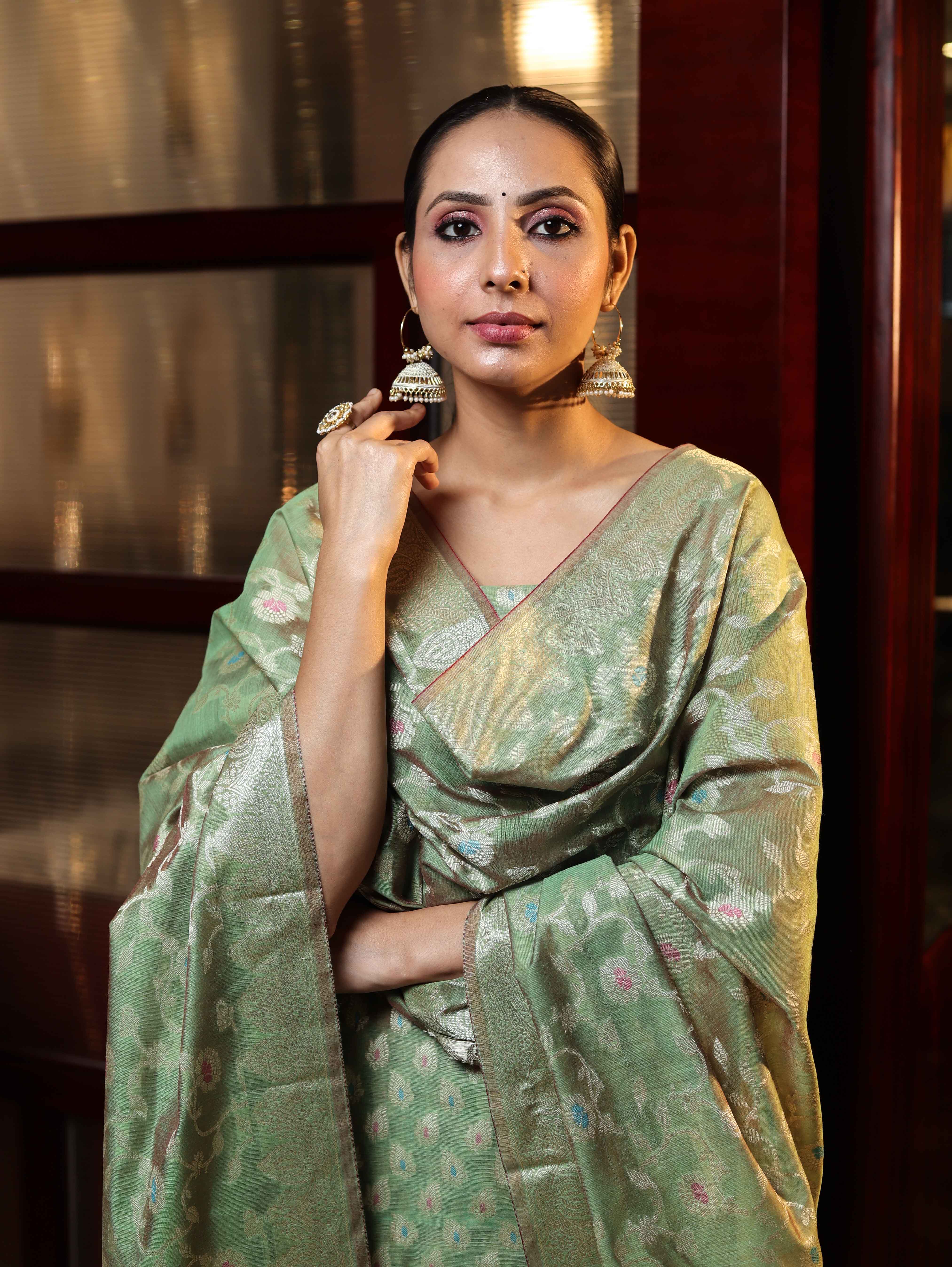 Banarasee Cotton Silk Zari Work Salwar Kameez Fabric With Dupatta Set-Green