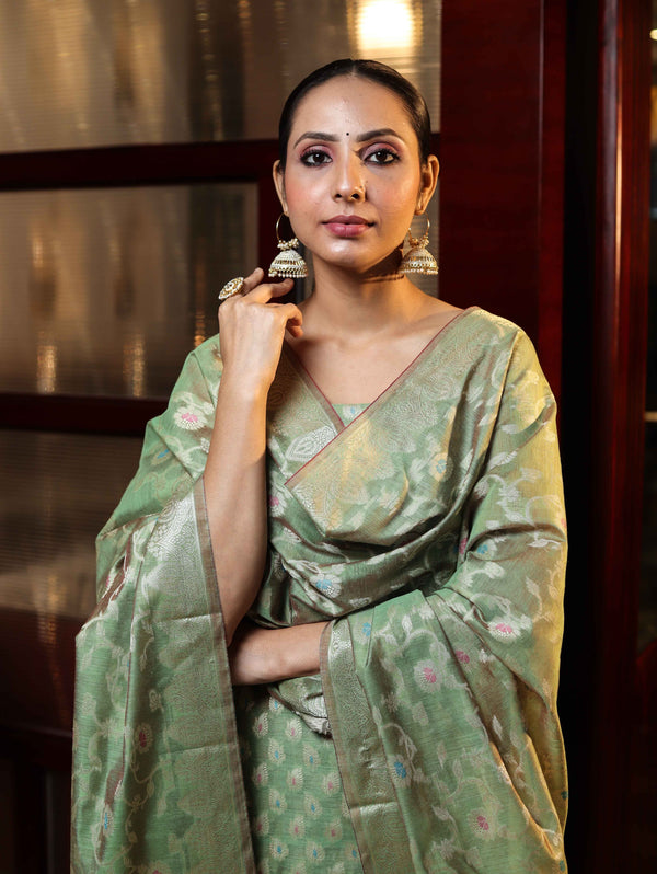 Banarasee Cotton Silk Zari Work Salwar Kameez Fabric With Dupatta Set-Green