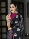 Banarasee Handloom Semi Silk Saree With Stripe Pattern & Buta Design Border-Black