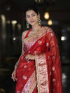 Banarasee Handwoven Tissue Zari Woven Mirror Work Saree-Deep Red