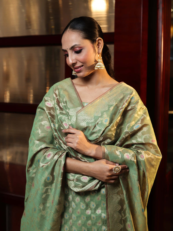 Banarasee Cotton Silk Zari Work Salwar Kameez Fabric With Dupatta Set-Green