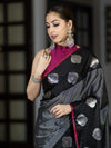 Banarasee Handloom Semi Silk Saree With Stripe Pattern & Buta Design Border-Black
