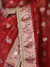 Banarasee Handwoven Tissue Zari Woven Mirror Work Saree-Deep Red