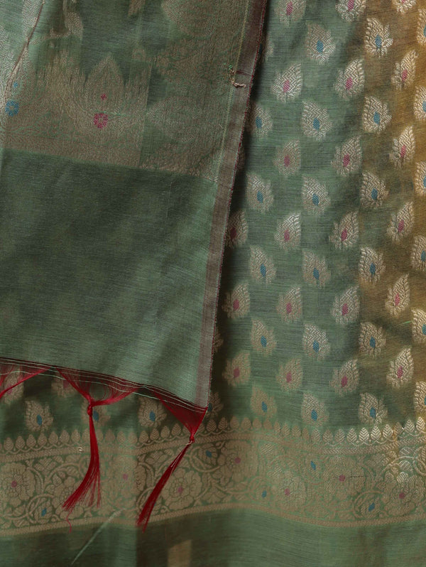 Banarasee Cotton Silk Zari Work Salwar Kameez Fabric With Dupatta Set-Green