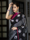 Banarasee Handloom Semi Silk Saree With Stripe Pattern & Buta Design Border-Black