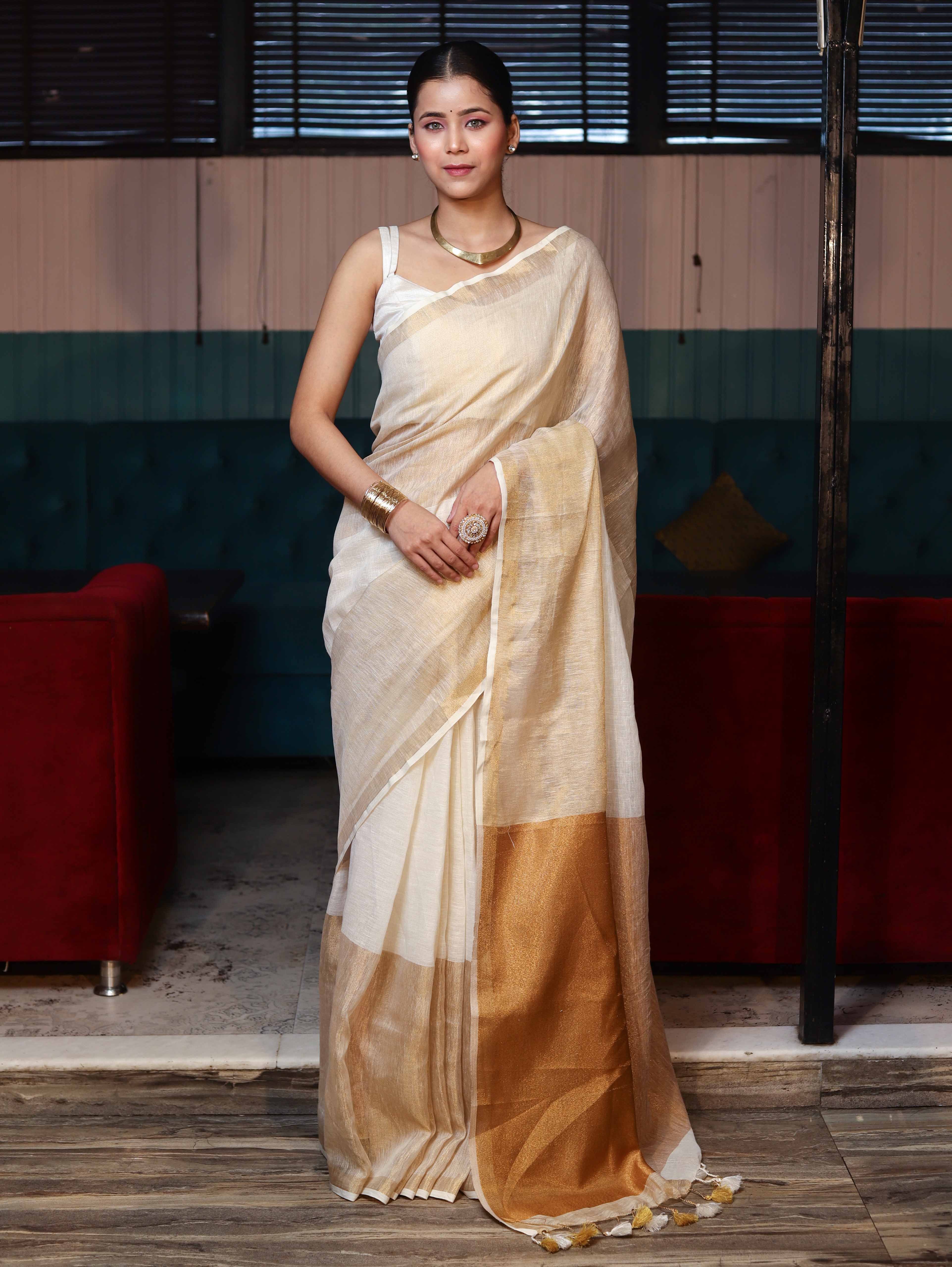 Banarasee Handloom Pure Linen Shine Saree-Multicolor
