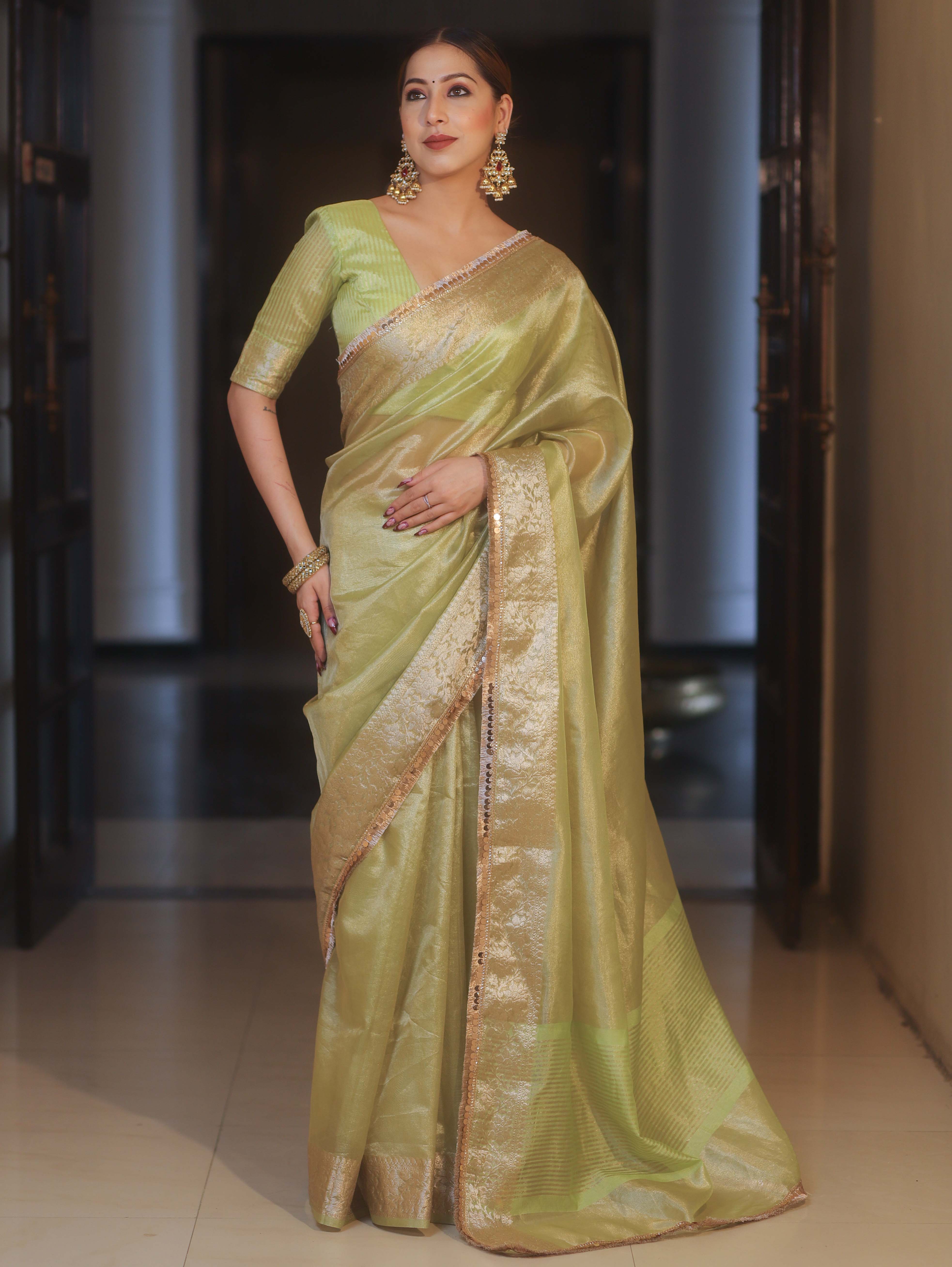 Banarasee Handwoven Plain Tissue Saree With Zari Broder & Lace-Lime Green