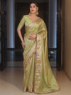 Banarasee Handwoven Plain Tissue Saree With Zari Broder & Lace-Lime Green