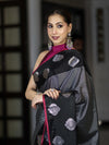 Banarasee Handloom Semi Silk Saree With Stripe Pattern & Buta Design Border-Black
