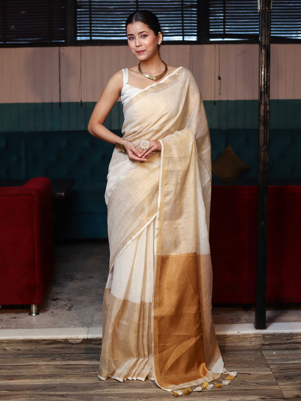 Banarasee Handloom Pure Linen Shine Saree-Multicolor