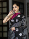 Banarasee Handloom Semi Silk Saree With Stripe Pattern & Buta Design Border-Black