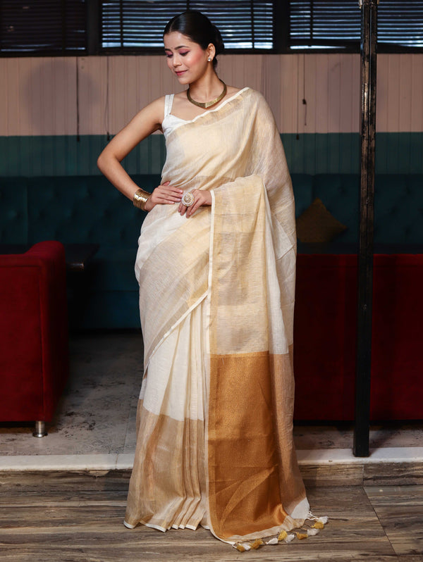 Banarasee Handloom Pure Linen Shine Saree-Multicolor