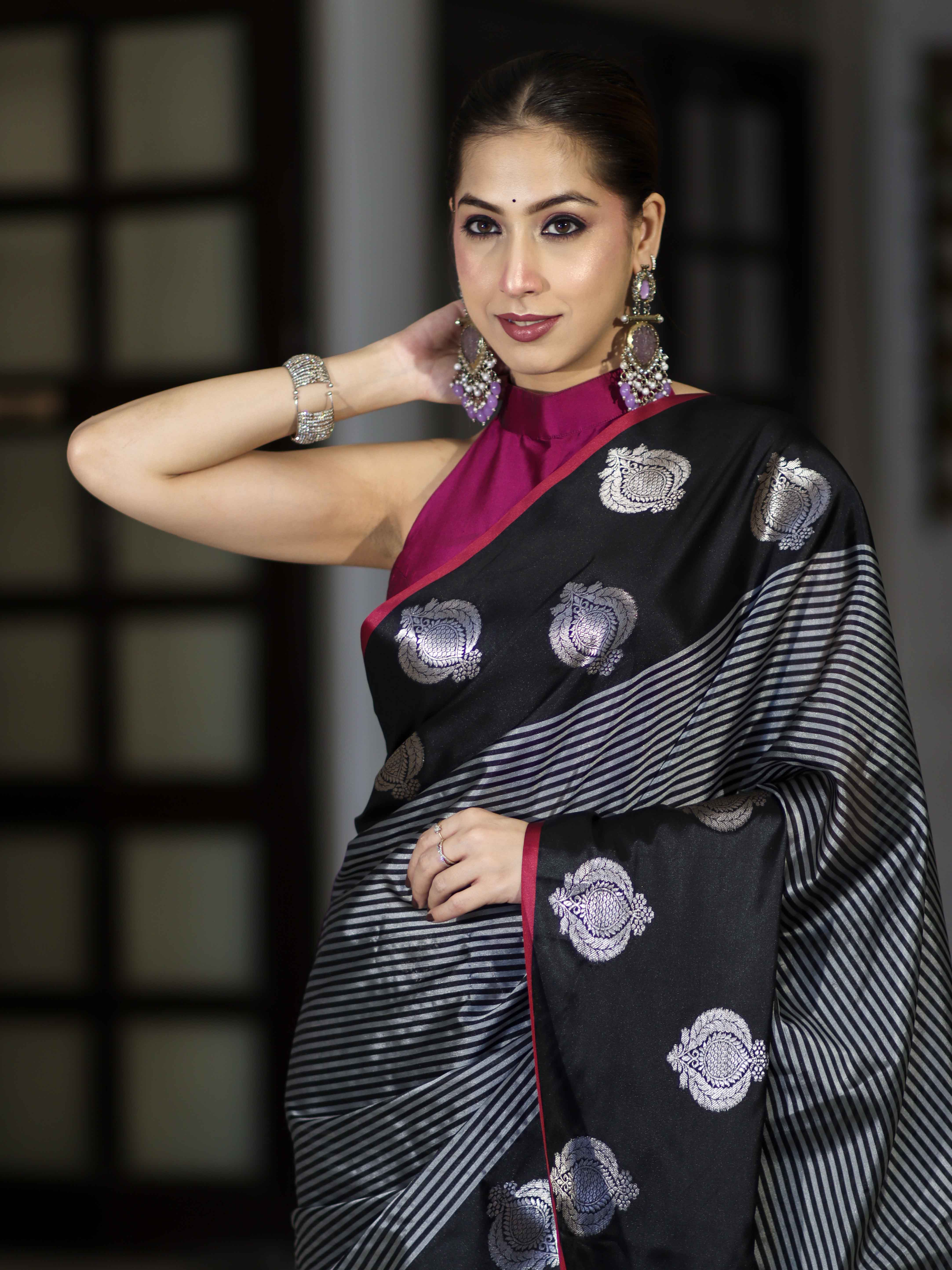 Banarasee Handloom Semi Silk Saree With Stripe Pattern & Buta Design Border-Black