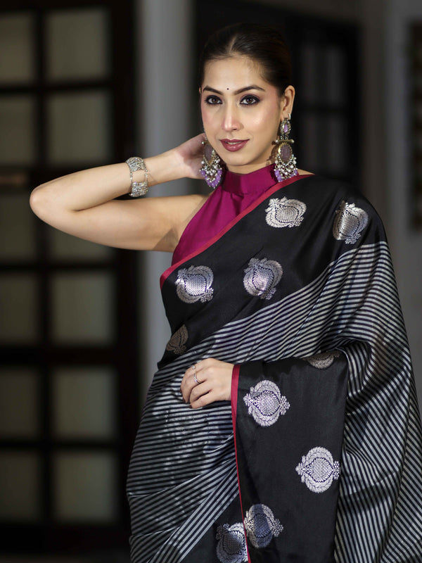 Banarasee Handloom Semi Silk Saree With Stripe Pattern & Buta Design Border-Black